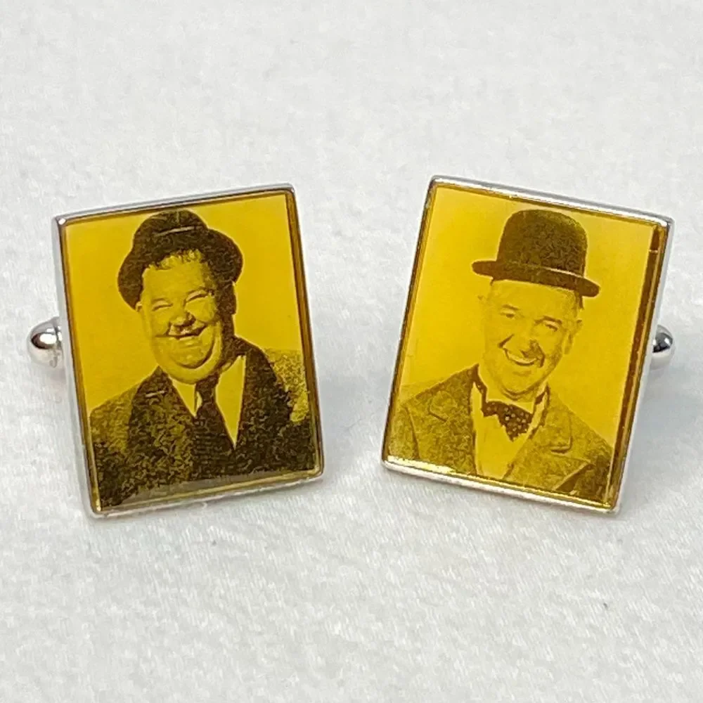 💎Laurel And Hardy Photos Face Cuff Links In Silver Tone Metal Toggle Posts